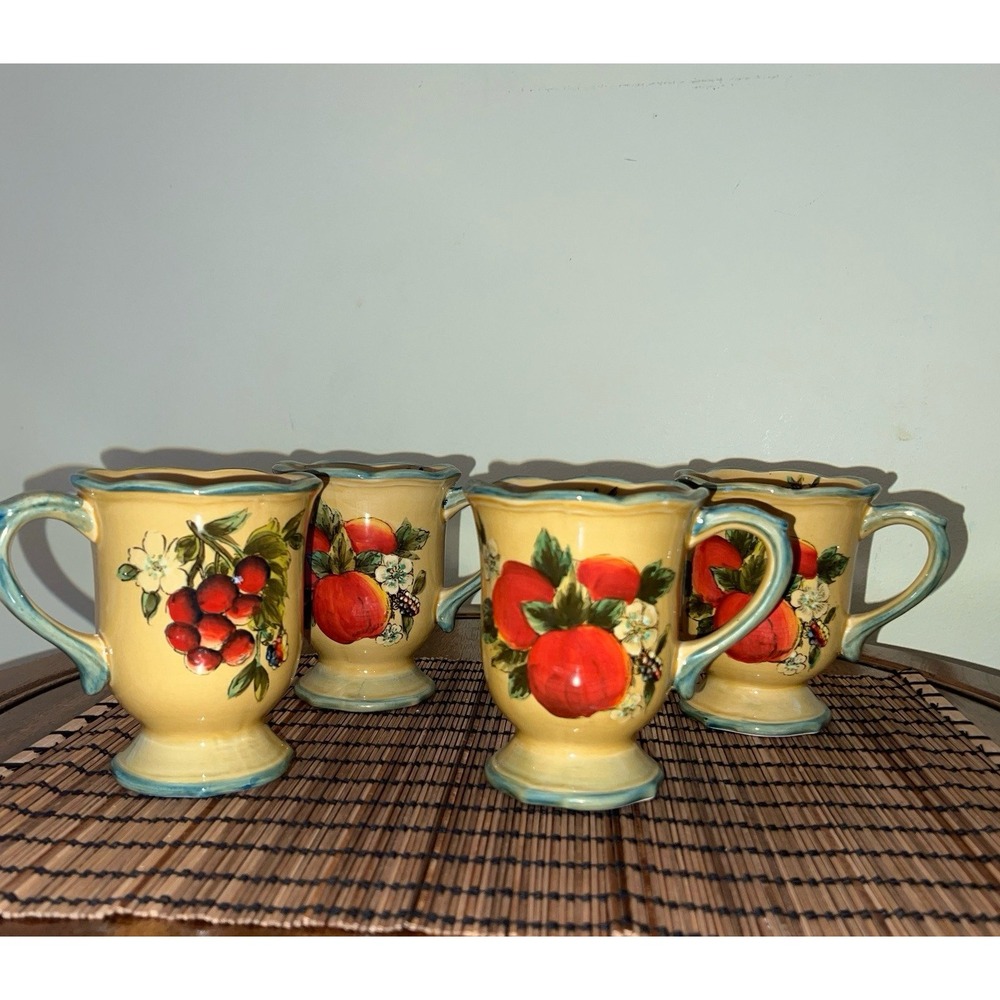 Set Of 4 Vtg Golden Orchard Pedestal Tea Coffee Cup Mug Hand Painted